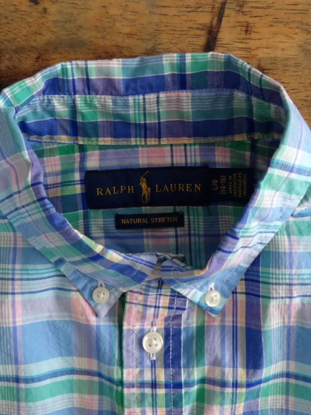 Ralph Lauren Boy's L 14-16 Plaid Short Sleeve Button Down Shirt Blue Green Pink